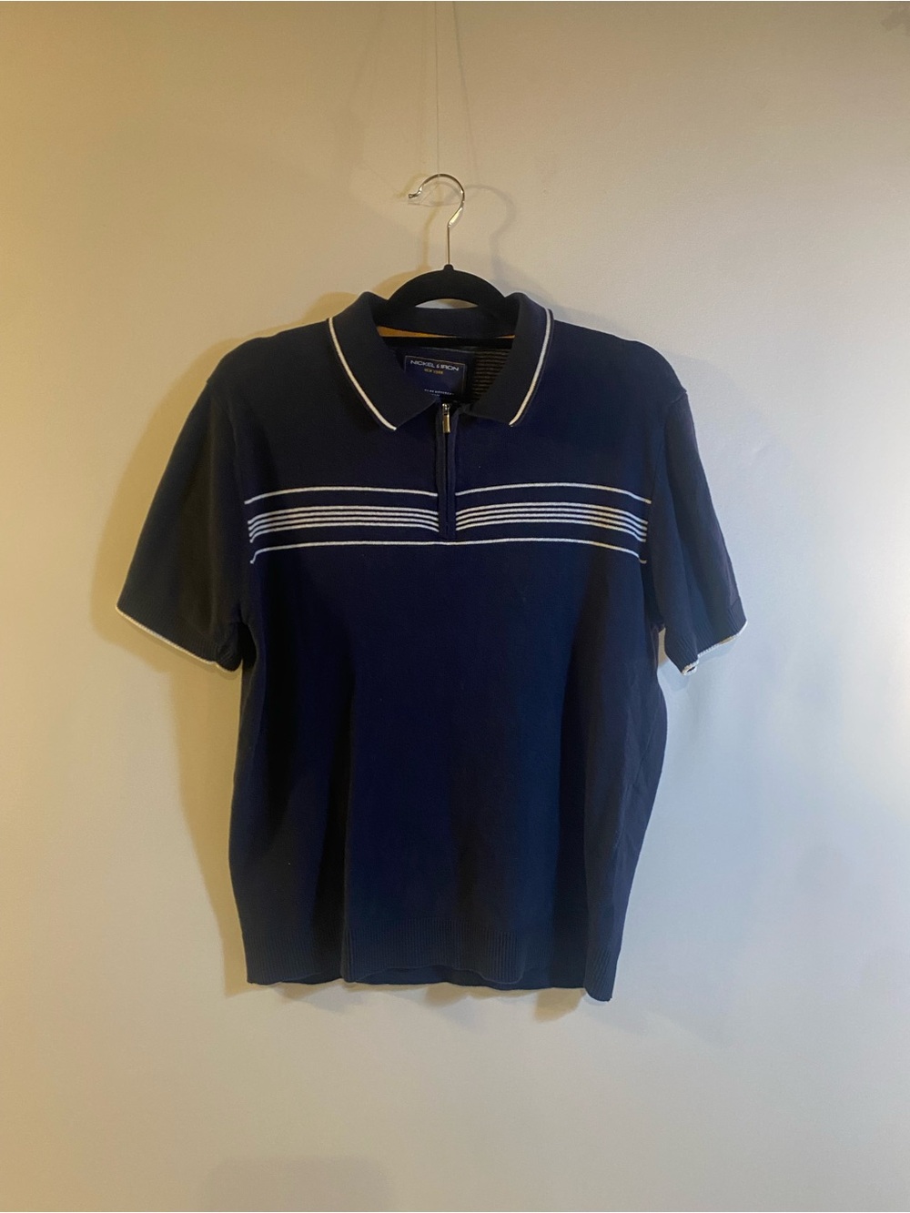NICKEL & IRON Tipped Textured Short Sleeve 1/4 Zip Blue Polo Shirt Size M